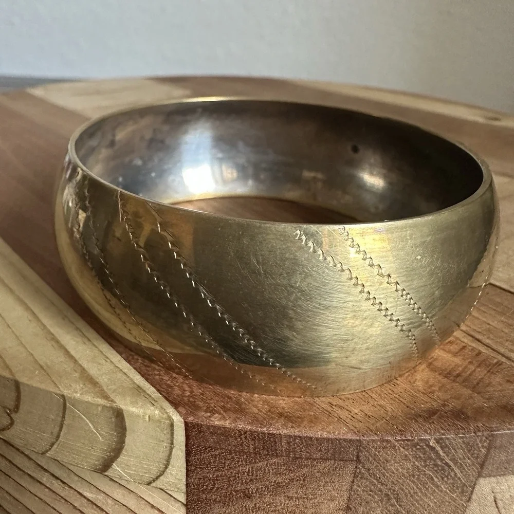 Vintage Brass Bangle Bracelet Size 8.5 Chunky Wide Etched Hammered Boho Gold